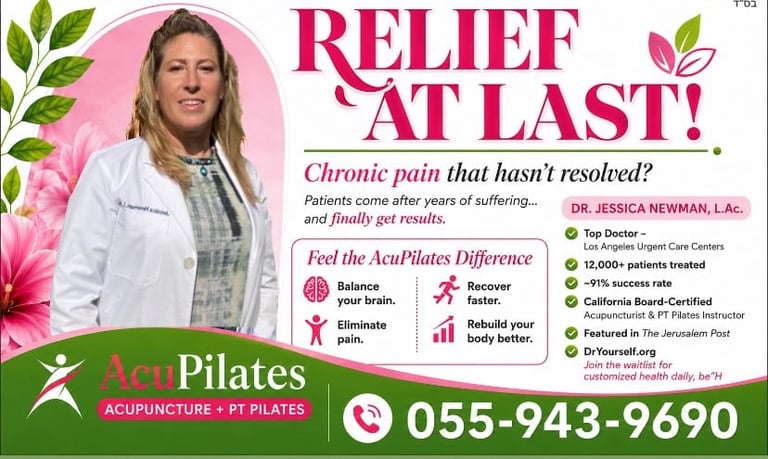 Advertisement for Pilates and acupuncture clinic featuring Dr. Jessica Newman, promoting pain relief treatments with contact number 055-943-9690