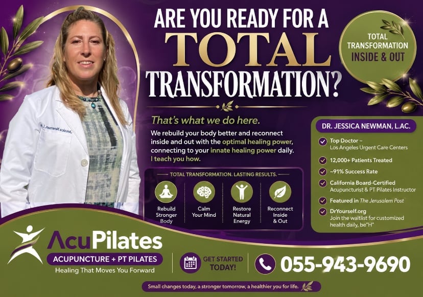 Promotional banner for Acu Pilates featuring Dr. Jessica Newman offering total transformation through acupuncture and pilates services with contact number 055-943-9690